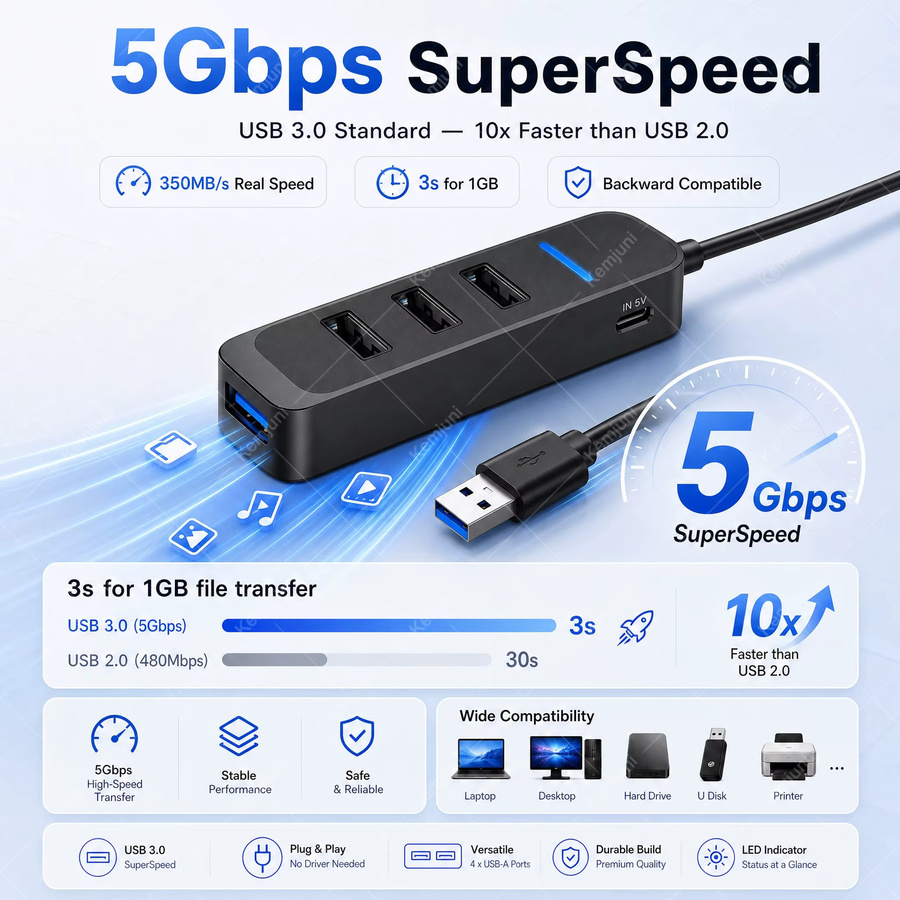 Kemjuni USB 3.0 Hub 4-Port USB-Verlängerungskabel in Schwarz mit 3m Kabellänge für Desktop-Computer, Laptops, Mac und Windows mit 5GBPS Übertragungsrate - Bild 4
