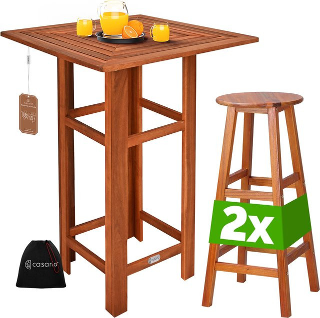 Casaria 3-teiliges Set aus Stehtisch und 2 Barhockern aus Akazienholz in Braun für Küche, Garten und Terrasse - Bild 1
