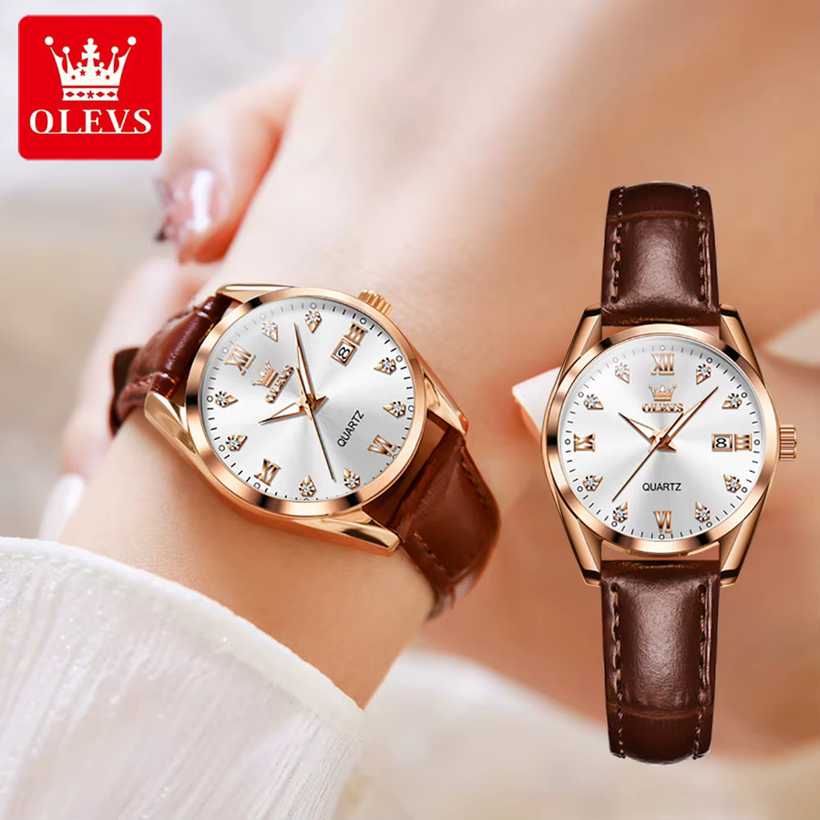 OLEVS Armbanduhr, Quarz, Leder, Diamant, Roségold, Damen - Bild 6