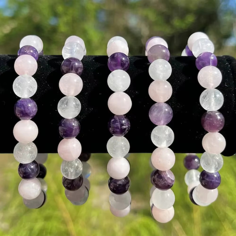 Armband Amethyst, klarer Quarz, Rosenquarz, 8 mm, Unisex - Bild 4