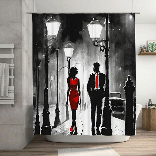 Wasserdichter Duschvorhang mit Naturmotiv in Schwarz, Elegante Nachtwanderung, Polyester, B/H: 120 x 180 cm - Bild 1