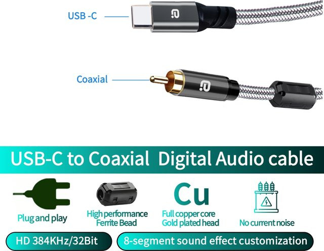 AYINO USB-C zu Koaxialkabel Digital RCA Audio Adapter SPDIF für DAC Decoder und Verstärker 384K/32Bit - Bild 1