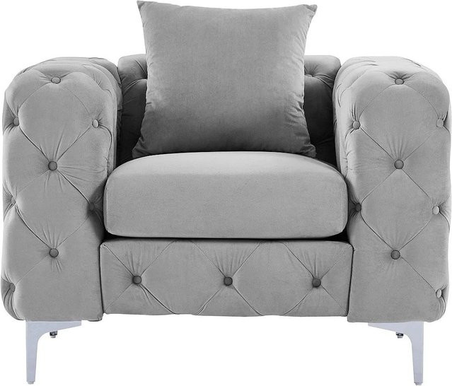 Vente-unique Sessel Edwina Chesterfield mit gerader Rückenlehne und Armlehnen aus Samt in Lichtgrau, Höhe: 106 cm - Bild 1