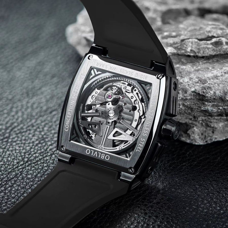 OBLVLO Armbanduhr Automatik, Tonneau, Edelstahl, Schwarz, Kautschuk, Herren - Bild 4