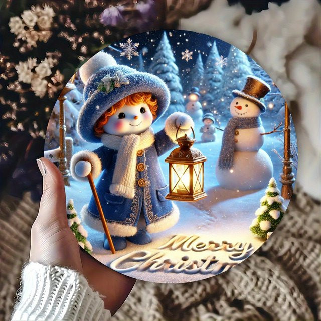 Potdemiel Weihnachts-Kranzschild Schneemann aus Metall, runder Wanddekor mit Winterszene, Durchmesser: 20,32 cm - Bild 1