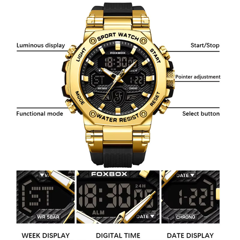 FOXBOX Chronograph Armbanduhr, Quarz, Silikon, Herren, Schwarz, Gold - Bild 3