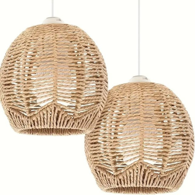 JOYINLED Rattan Pendelleuchte E27 im Boho-Stil aus Papier und Holz, Farbe: Beige - Bild 1