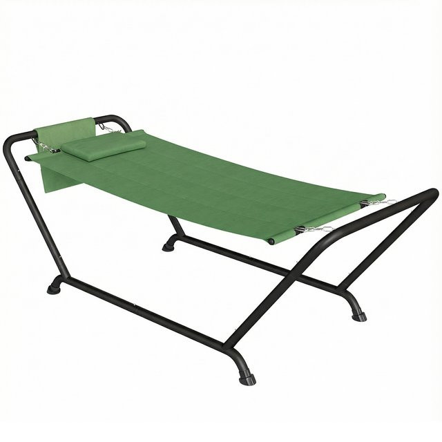 Outsunny Hängematte mit Gestell und Kopfkissen in Dunkelgrün, freistehende Hängematte für Garten und Balkon mit Seitentasche, B/T/H: 237 x 90 x 92 cm - Bild 1