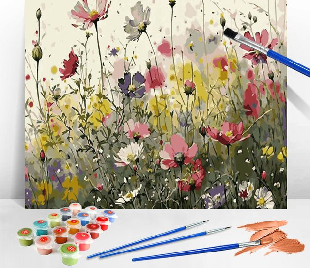 AZQSD Malen nach Zahlen Set mit Blumenfeld und Landschaft auf Leinwand, Mehrfarbig - Bild 1