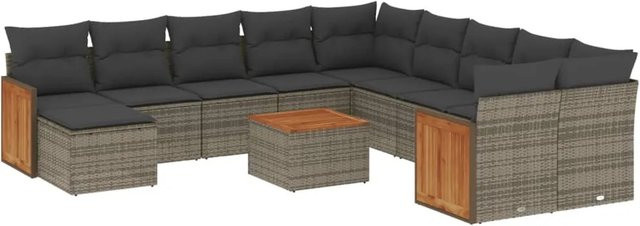 vidaXL 12-tlg. Garten-Sofagarnitur in L-Form aus Polyrattan und Akazienholz mit Kissen in Grau - Bild 1