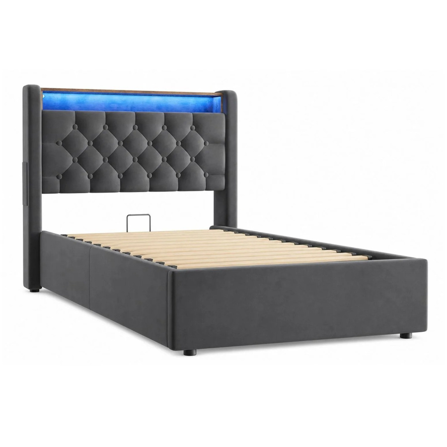 okwish Polsterbett mit LED-Beleuchtung und Bettablage in Dunkelgrau, B/T/H: 90 x 200 cm - Bild 2