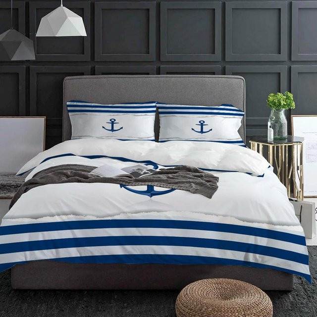 Flylo Bettwäsche Set Anchor Blau Weiß Gestreift aus Mikrofaser, 3-teilig, B/H: 150 x 200 cm - Bild 1