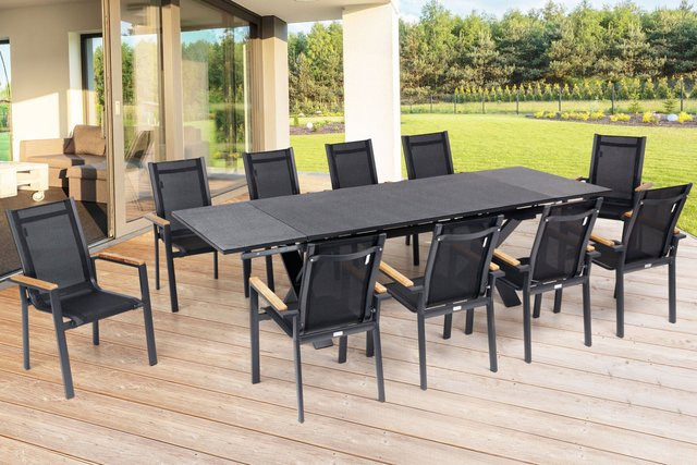 OUTFLEXX Garten-Essgruppe aus Aluminium, Textilene und Teakholz in Anthrazit Matt mit ausziehbarem Tisch und 10 Stapelsesseln, Tisch B/T: 180 bis 280 x 100 cm - Bild 1