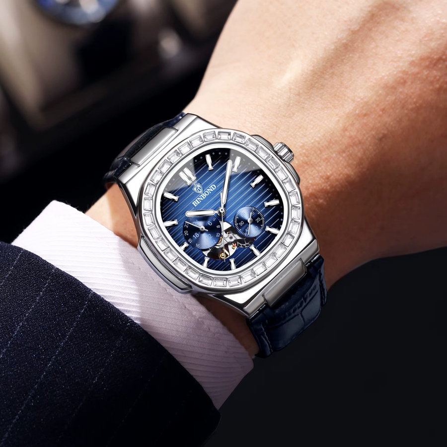 BINBOND Armbanduhr Automatik, Skelett-Uhr, Edelstahl, Blau, Leder, Herren - Bild 3
