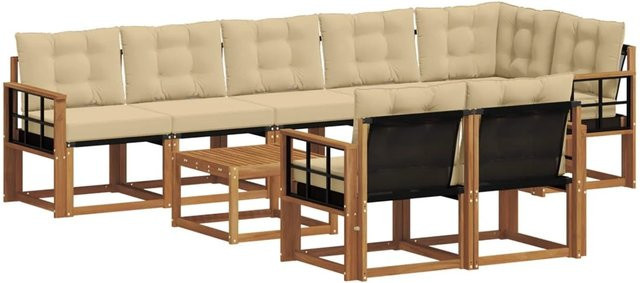 vidaXL Outdoor-Sofagarnitur 9-teilig aus Akazienholz mit Textilene und Kissen in Natur und Beige - Bild 1