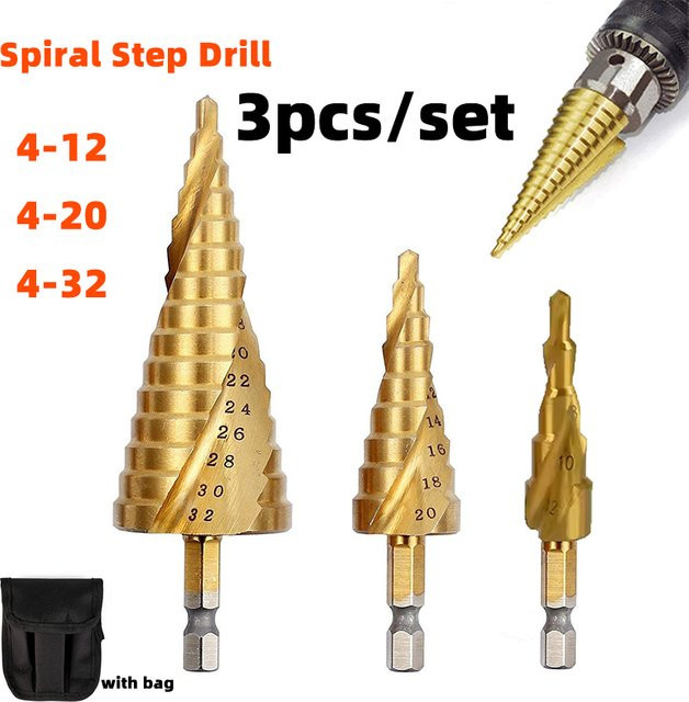 ANR 3er Set Spiral-Stufenbohrer aus HSS-Cobalt in Gold, konische Bohrer mit Dreiecksschaft für präzises Bohren - Bild 1