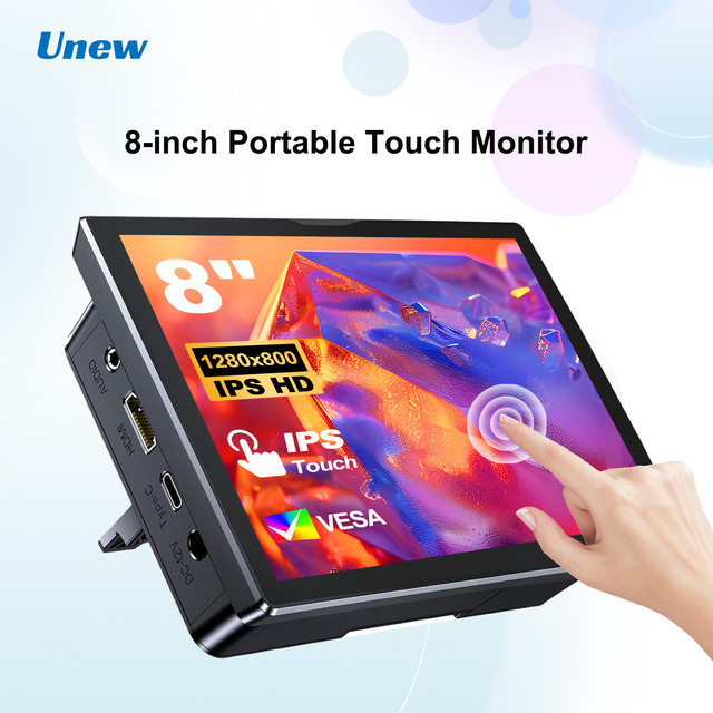 Unew 8 Zoll Touch-Monitor mit HDMI, 1280x800 Auflösung, Breitbild 16:10, Lautsprecher und Lüfter, Schwarz - Bild 1