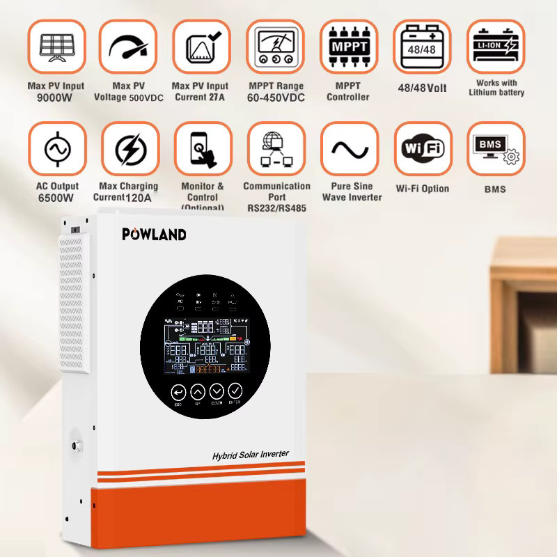 POWLAND Hybrid-Solarwechselrichter 6,5KW 48V 230V mit MPPT 120A, Reine Sinuswelle, WIFI und BMS, Farbe: Weiß - Bild 3