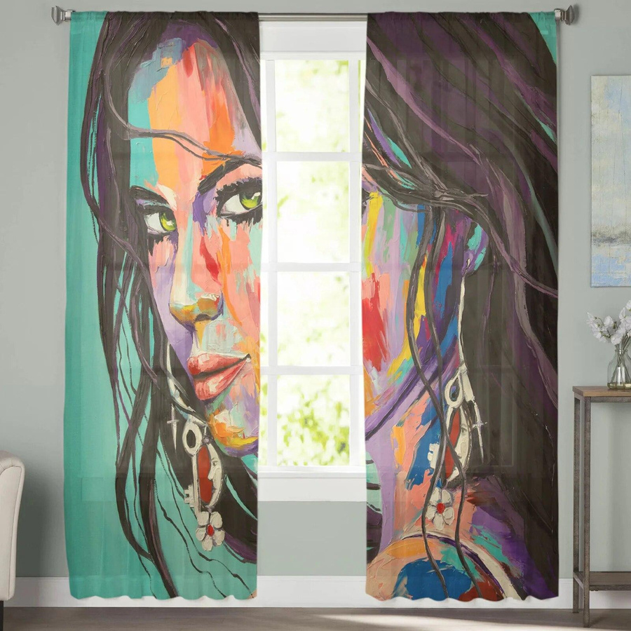 A Family Of Home Textiles Chiffon-Vorhang mit Mädchen-Ölgemälde-Motiv, transparent, multicolor, B: 135 cm, H: 114 cm - Bild 4