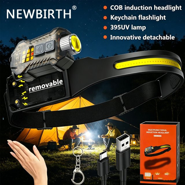 NEWBIRTH LED-Sensor-Stirnlampe mit COB-Leuchtmittel und USB-aufladbarem Akku für Camping und Angeln - Bild 1