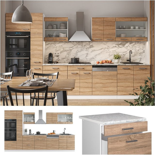 Vicco Küchenzeile R-Line in Weiß und Sonoma, Breite: 350 cm - Bild 1