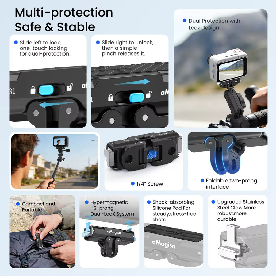 aMagisn Metall-Schnellverschluss-Halterung 2.0 für Insta360 GO Ultra in Schwarz mit Sicherheitsverriegelung und Anti-Shake-Stabilisierung - Bild 5