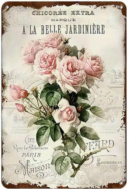 Vintage Pariser Bohème Metall Wandkunst mit Rosen-Illustration, Farbe: Beige, Breite: 20 cm, Höhe: 30 cm - Bild 1