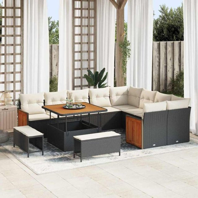 Vidaxl Garten-Sofa-Set aus Polyrattan in Schwarz und Creme, 12-teiliges Loungemöbel-Set, B/T/H: 100 x 100 x 71 cm - Bild 1