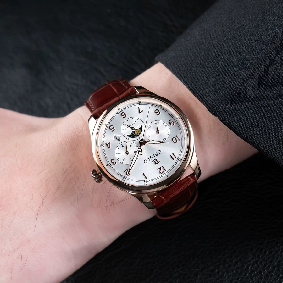 OBLVLO Armbanduhr Automatik, Mondphase, Roségold, Leder, Herren - Bild 2