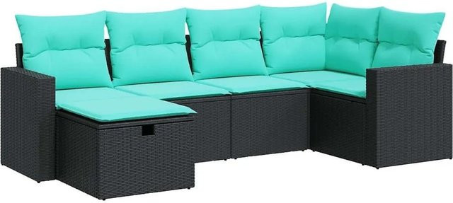 vidaXL 6-teilige Garten-Sofagarnitur in L-Form aus Poly-Rattan mit blauen Kissen und Metallgestell, Schwarz - Bild 1