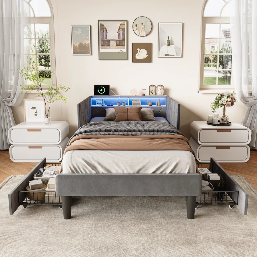 Rosahqnda Tagesbett als L-förmiges Schlafsofa aus Samtstoff mit 2 Schubladen, LED-Beleuchtung und USB-Ladeanschluss, B/T/H: 140 x 200 cm - Bild 1