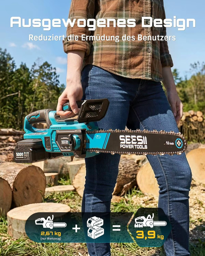 SEESII 40V 16-Zoll bürstenlose Kettensäge mit automatischer Ölschmierung, 2000W kabellose elektrische Säge in Blau, kompatibel mit Makita 18V Akku - Bild 5