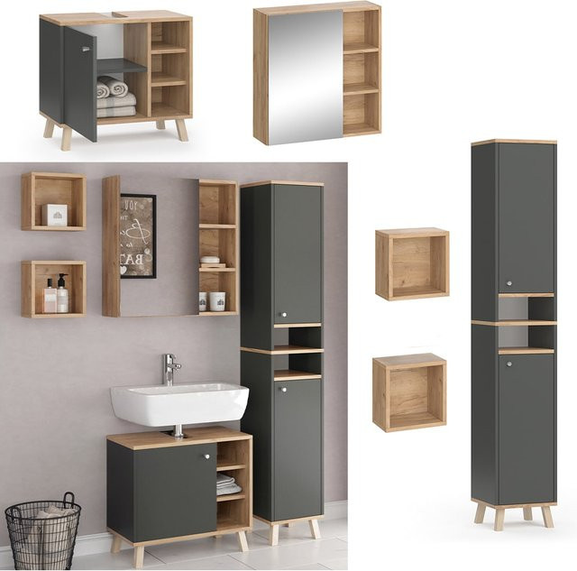 Vicco Badmöbelset Senyo in Anthrazit und Gold, 4-teiliges Set mit Hochschrank, Waschtischunterschrank und Spiegelschrank - Bild 1