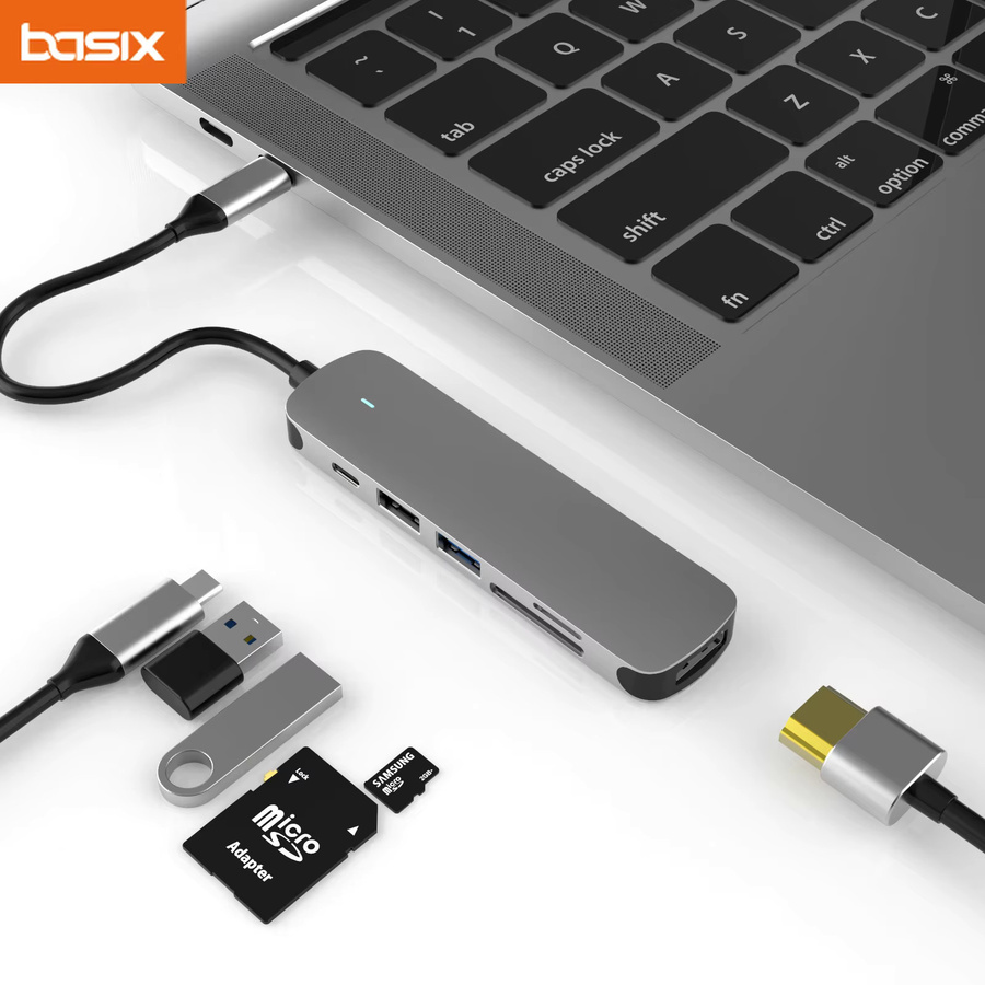 Basix USB C Hub Dockingstation in Grau mit HDMI und Ethernet für MacBook Air und iPad M1 M2 - Bild 2