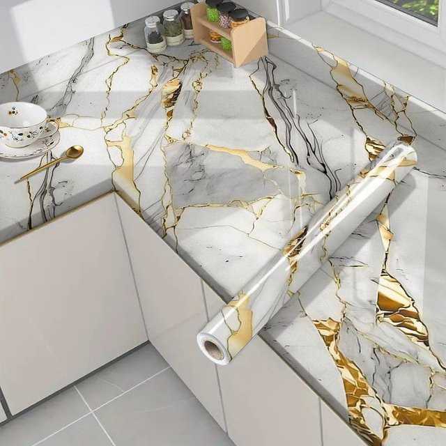 Selbstklebende Marmor-Tapete in Gold und Weiß, Wasserdichte und Ölbeständige PET-Wandaufkleber für Küchenrückwand und Möbel, B: 60 cm, L: 300 cm - Bild 1