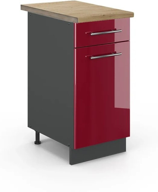 Vicco Küchenunterschrank Fame-Line in Bordeaux Hochglanz und Anthrazit mit Eiche-Optik, Breite: 40 cm, Tiefe: 60 cm, Höhe: 82 cm - Bild 1