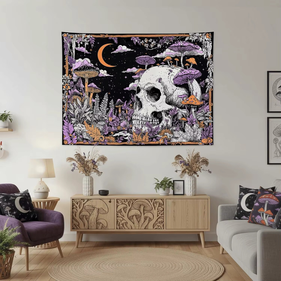 VIKAMA Gothic Wandteppich mit Totenkopf, Pilzen und Sternenhimmel in Lila und Orange, Wandbehang für dein Schlafzimmer oder Wohnheim, B/H: 60 x 40 cm - Bild 2