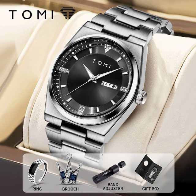 TOMI Armbanduhr Herren, Quarz, Edelstahl, Schwarz, Silber, BusinessSet - Bild 1