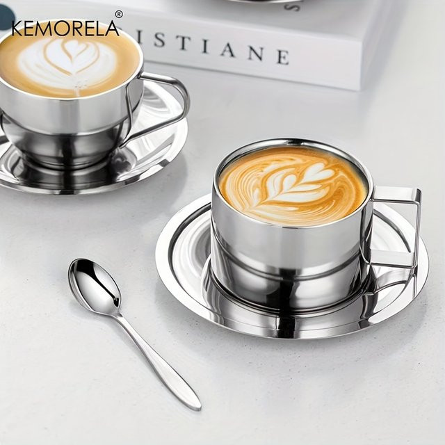 KEMORELA Espressotasse aus Edelstahl in Silber, doppelwandig mit Untertasse, 200 ml - Bild 1