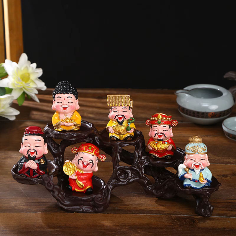 Kesoto 6er Set Gott des Glücks Miniaturfiguren aus Kunstharz in Mehrfarbig mit Ständer für Frühlingsfest und Neujahr - Bild 3