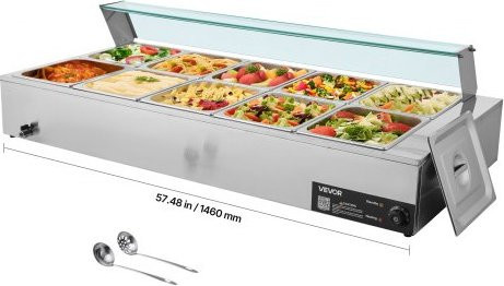 VEVOR Elektrischer Speisenwärmer aus Edelstahl mit Glasabdeckung und Suppenkelle, Silber, 1,7 kW, 10 x 1/2 Größe Behälter, 76 Liter Fassungsvermögen - Bild 1