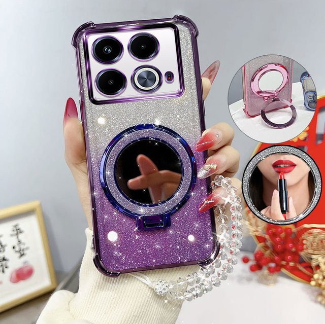 Glitzernde und stoßfeste Handyhülle mit Spiegelständer und Perlenarmband für Infinix Note 40 und Note 40 Pro Plus 5G in Schwarz - Bild 1