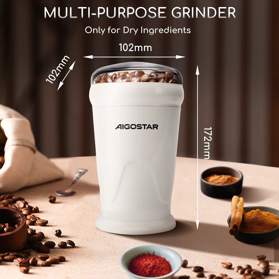 Aigostar Elektrische Kaffeemühle und Gewürzmühle in Milchig Weiß mit 150W Leistung und 60g Fassungsvermögen - Bild 5