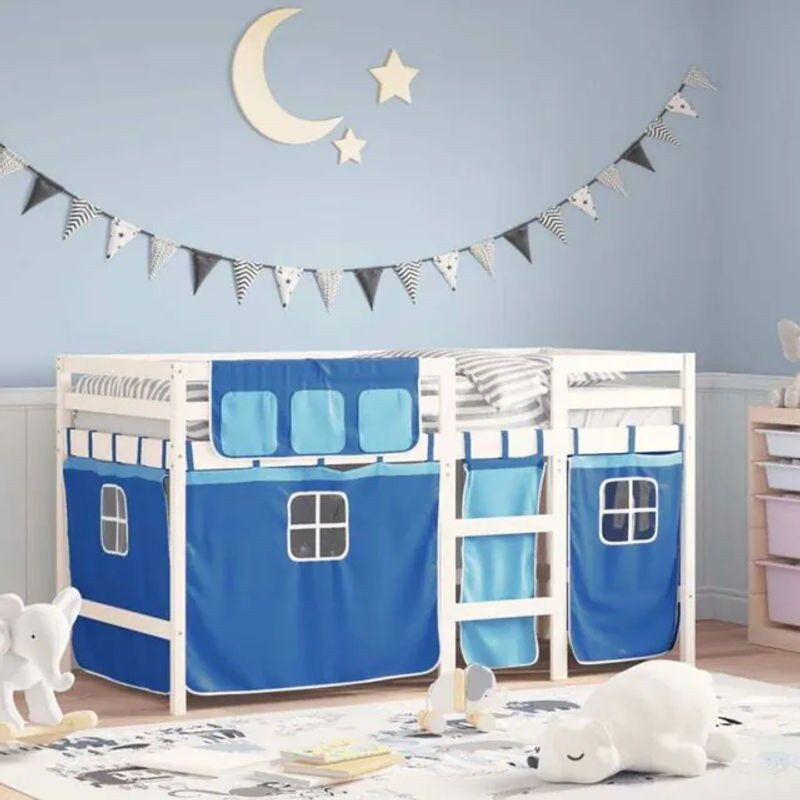 vidaxl Kinderhochbett aus Massivholz Kiefer mit Vorhängen in Blau und Weiß, B/T/H: 190 x 90 x 113,5 cm - Bild 1