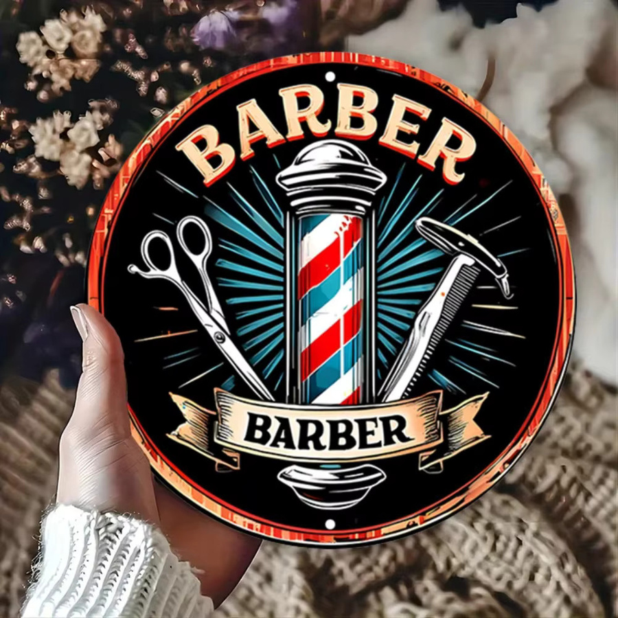 CIFBUY Vintage 2D Flaches Friseurschild aus Aluminium-Metall als runde Wanddekoration in Multicolour mit Schere, Rasiermesser und Rasierer-Illustration - Bild 6