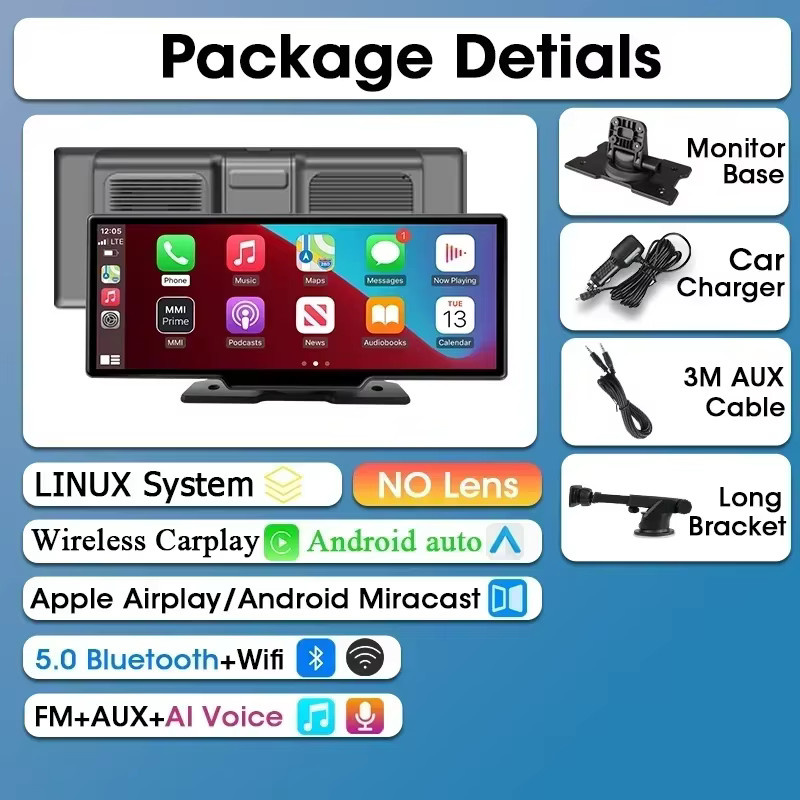 Srnubi 10,26 Zoll Dash Cam mit 4K DVR, CarPlay und Android Auto, Dual Len Recorder mit GPS, Wi-Fi und Bluetooth, Schwarz - Bild 7