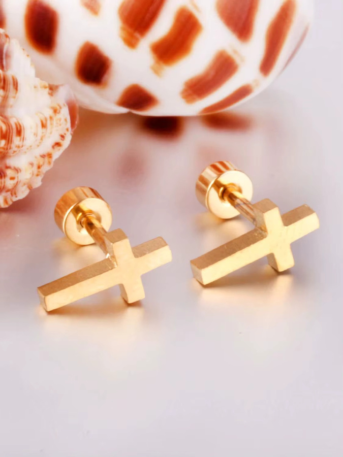 Luxukis skids Ohrstecker Kreuz, Edelstahl, vergoldet, Unisex - Bild 2