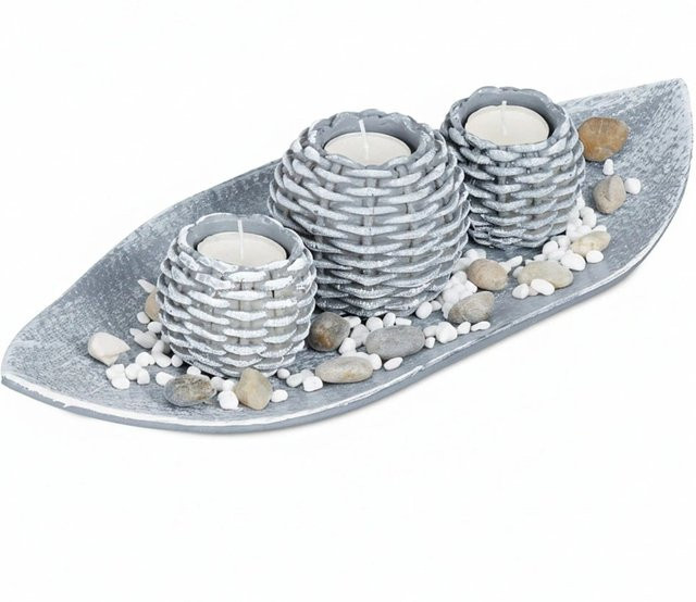 Relaxdays Teelichthalter Set aus MDF in Grau und Weiß mit Dekoschale und Teelichtern, B/T/H: 38,5 x 7,5 x 16 cm - Bild 1