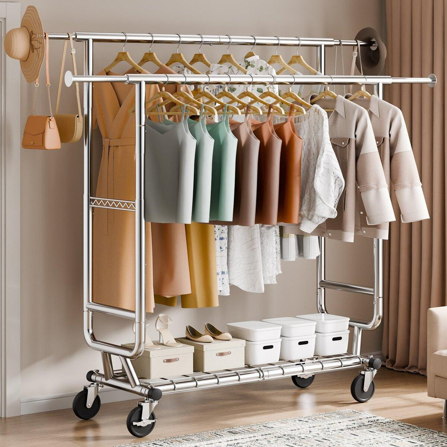 Buying Solutions MB Kleiderständer mit Doppelstange aus Carbonstahl, höhenverstellbar und ausziehbar, Farbe Chrom - Bild 3