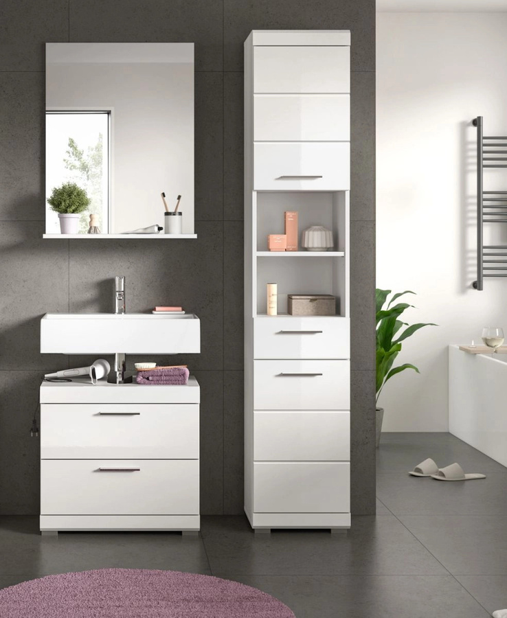 Inn.Furn Badmöbel Set Shawn 3-teilig in Weiß Hochglanz mit Waschtischunterschrank, Spiegelschrank und Hochschrank, Breite: 112 cm - Bild 3